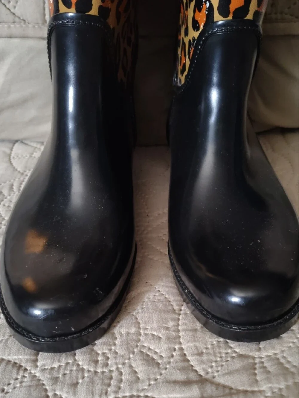 Coach Leopard Print Tall Rain Boots in Black and Tan
